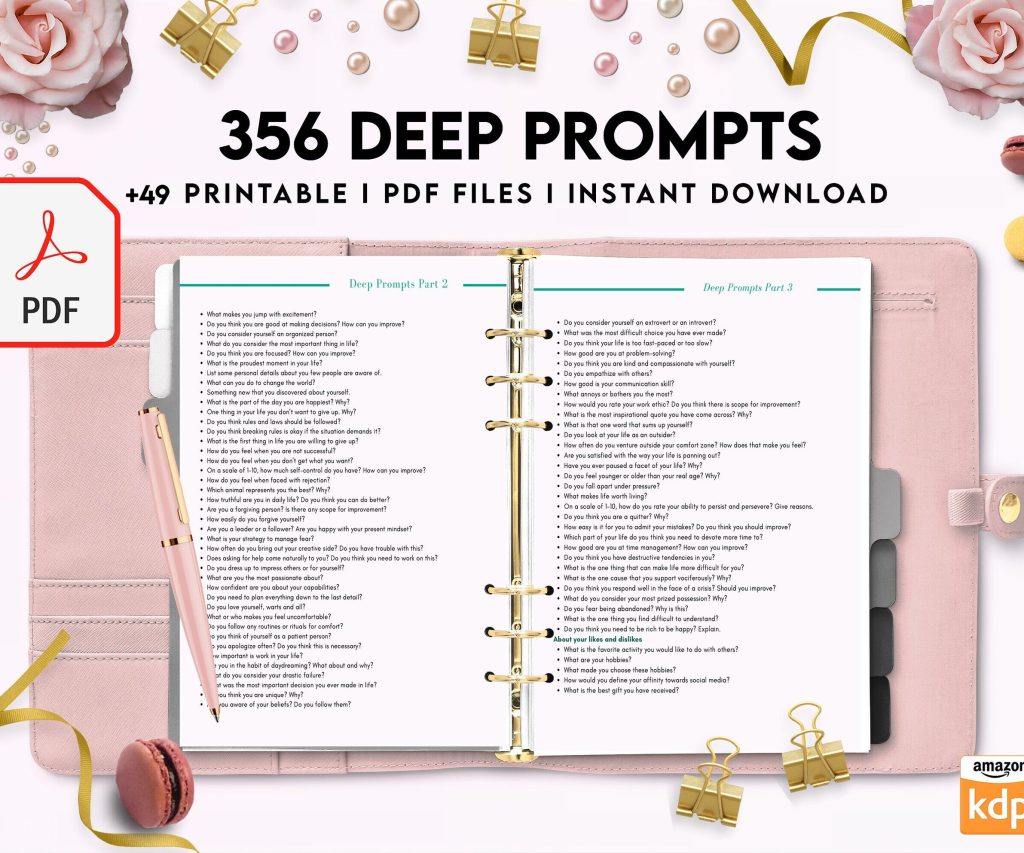 365 Prompts Journal, Mental Health Journal, Self Care Journal, Writing Prompts, PDF Printable, 8,5×11″ A4 size, binder journal Anxiety Tracker