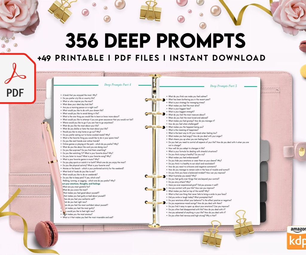 365 Prompts Journal, Mental Health Journal, Self Care Journal, Writing Prompts, PDF Printable, 8,5×11″ A4 size, binder journal Anxiety Tracker