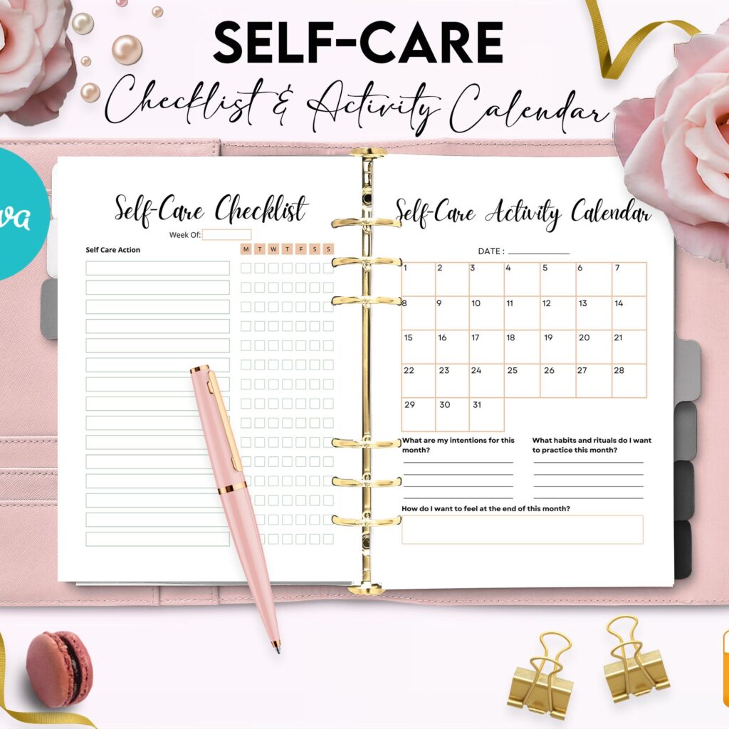 Self-care self love wellness, guided journal With Prompts 63 Editable Templates, 8.5×11″ Canva Planner editable interiors Bundle COMMERCIAL Use guided journal