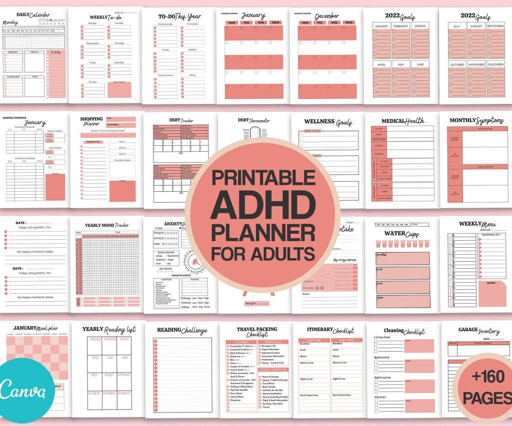 Adult ADHD +160 editable Canva Life Planner Templates for Journal, Canva Planner editable interiors bundle as print PDF adhd