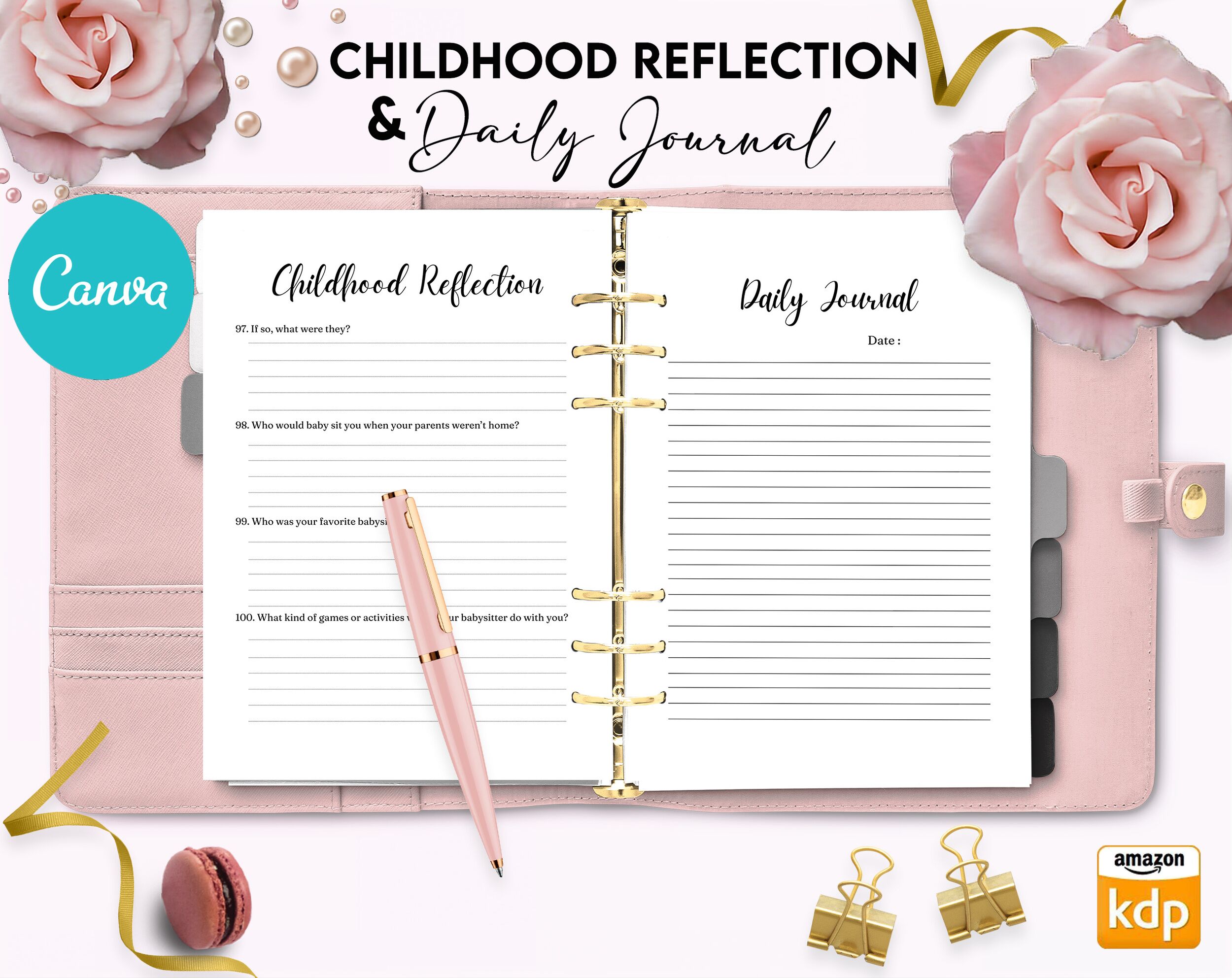 Childhood Reflection guided journal With Prompts 30 Editable Templates 100 questions, 8.5×11″ Canva Planner editable interiors Bundle COMMERCIAL Use childhood reflection