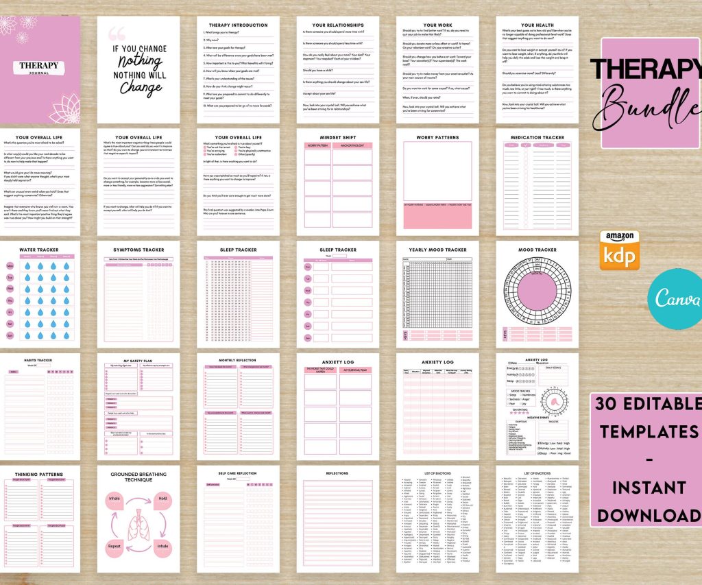 Therapy Journal with questions workbook 8.5×11″ Canva Editable 30 Templates, Canva editable interior, digital and printable.Mental anxiety_journal
