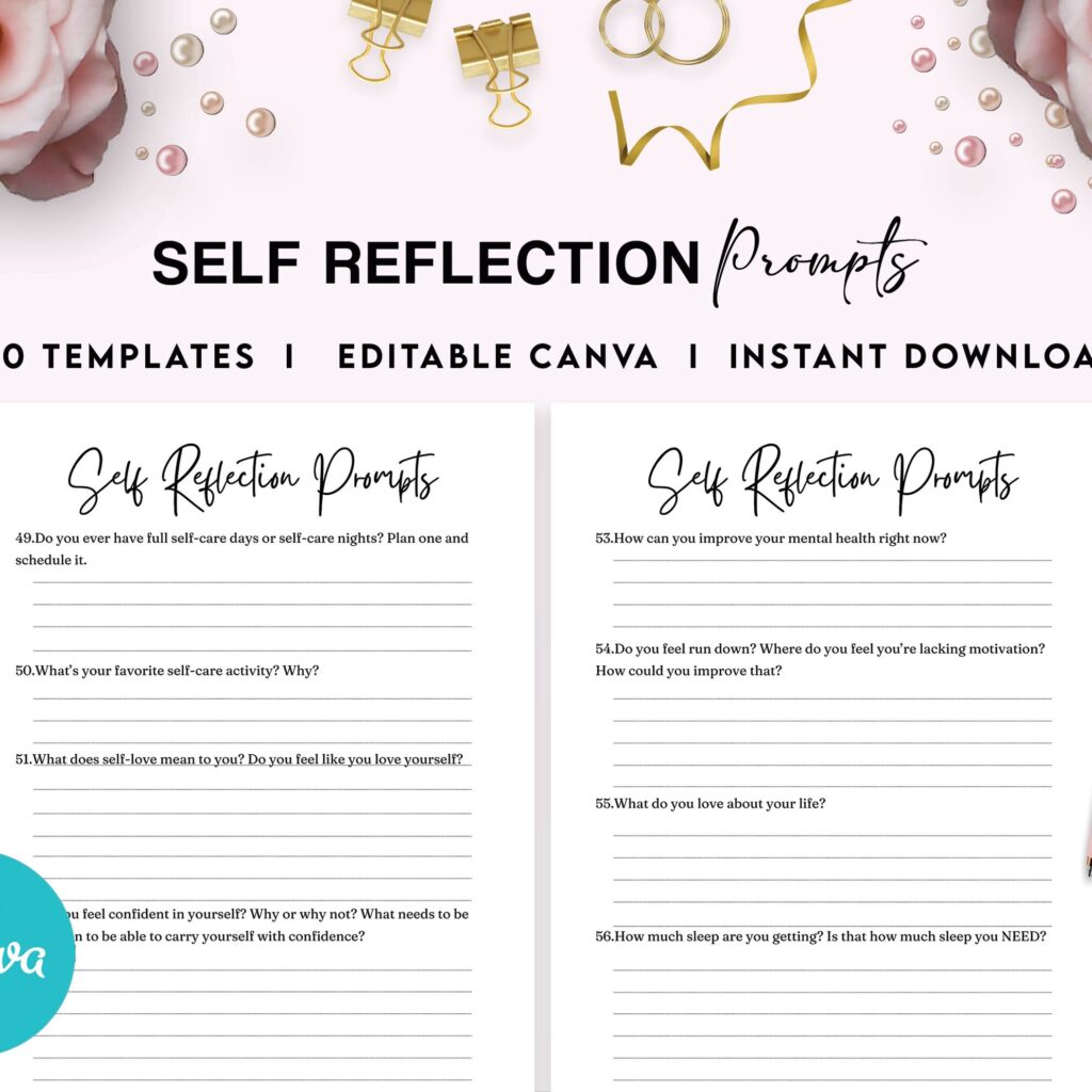 Self-Reflection guided journal With Prompts 30 Editable Templates 100 questions, 8.5×11″ Canva Planner editable interiors Bundle COMMERCIAL Use guided journal