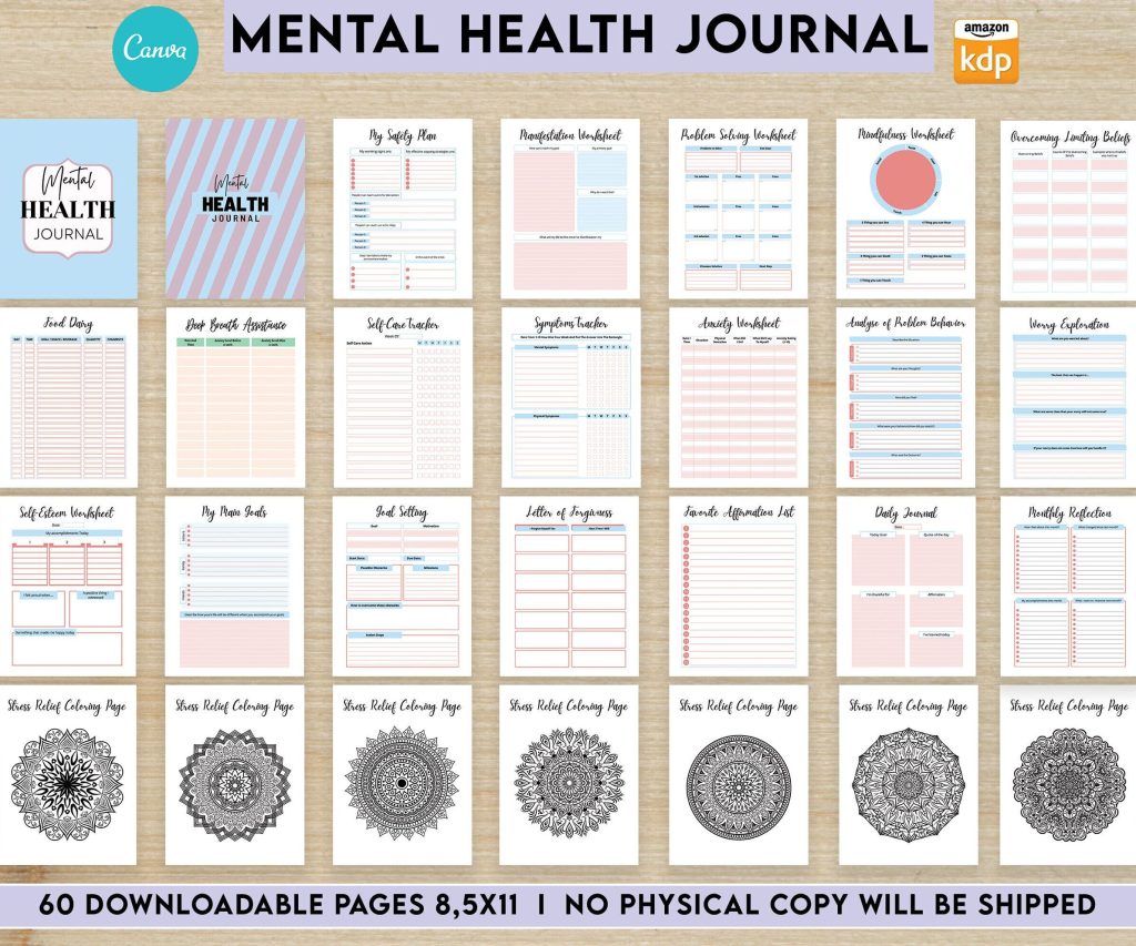 Journal Prompts for Mental Health Mental Health guided therapy journal With Prompts 60 Editable Templates, 8.5×11″ Canva Planner editable interiors Bundle COMMERCIAL Use anxiety journal