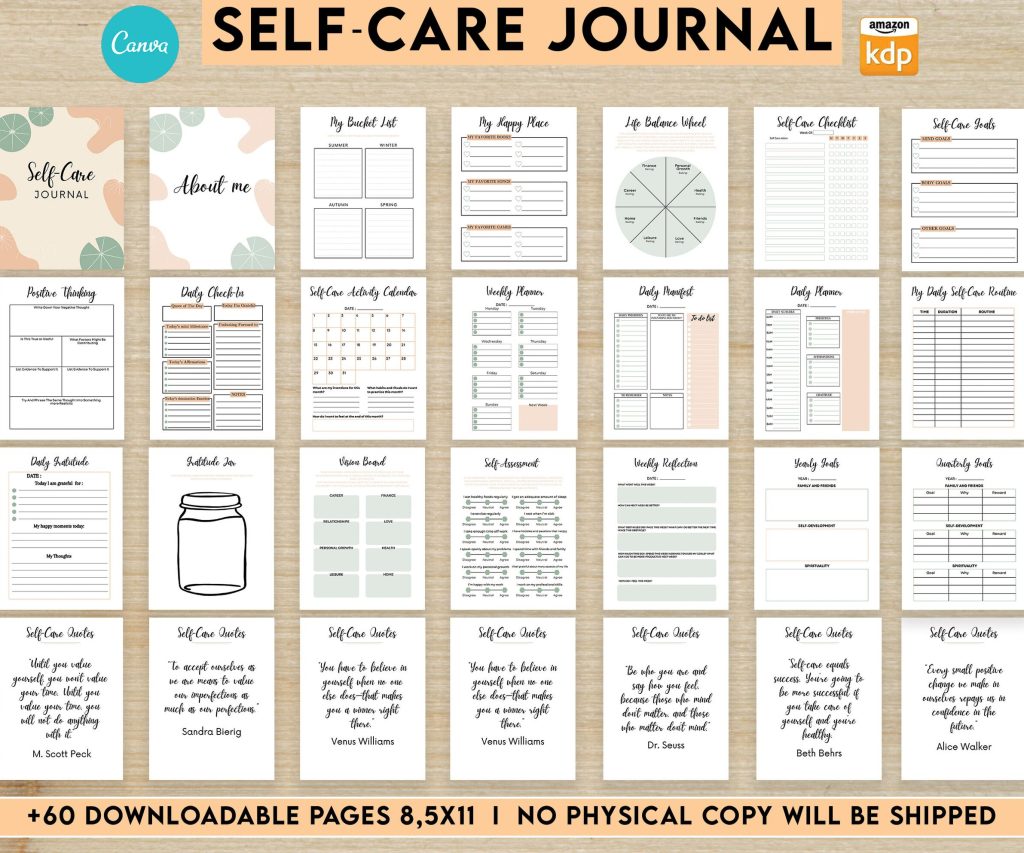 Self-Care Journal Self-care self love wellness, guided journal With Prompts 63 Editable Templates, 8.5×11″ Canva Planner editable interiors Bundle COMMERCIAL Use guided journal