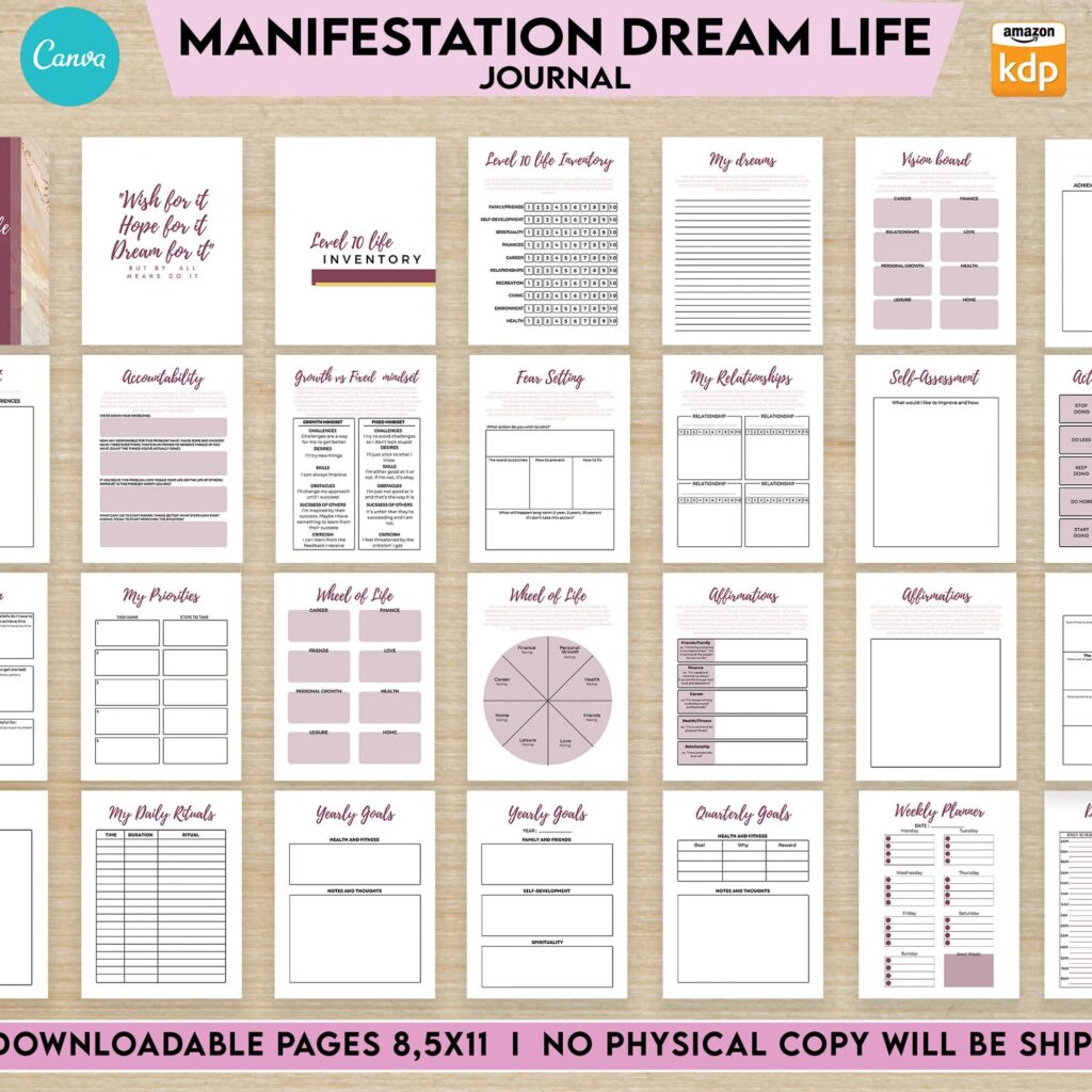 Manifestation Dream life Journal 8.5×11″ Canva Editable 60 Templates, Canva editable interior workbook, digital and printable. canva_Planner