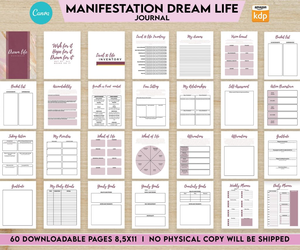Manifestation Dream life Journal 8.5×11″ Canva Editable 60 Templates, Canva editable interior workbook, digital and printable. canva_Planner