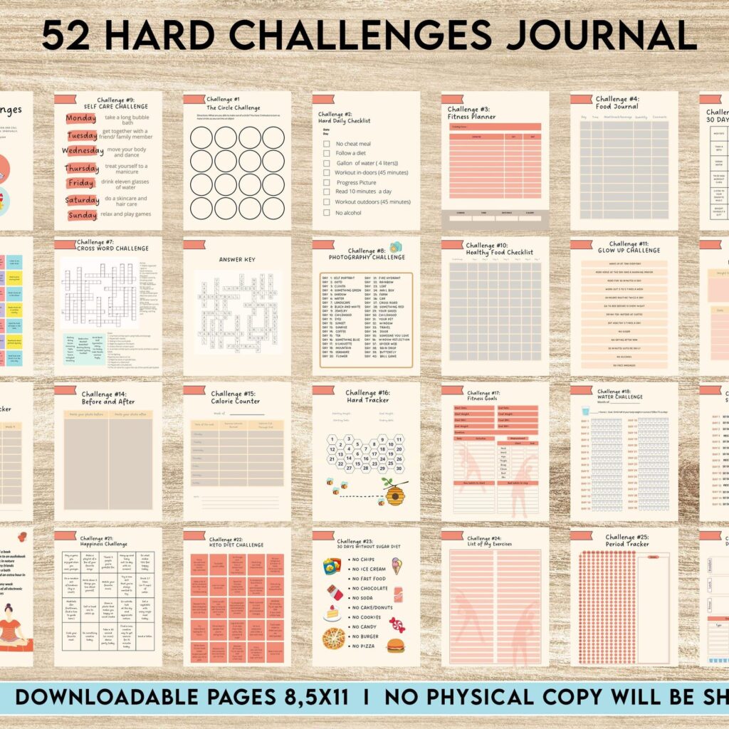 52 hard challenges, Daily chanllenges, diet, fitness, food, health, progress tracker, self care challenges, happiness, workout , Canva Editable Templates, interior challenge calendar