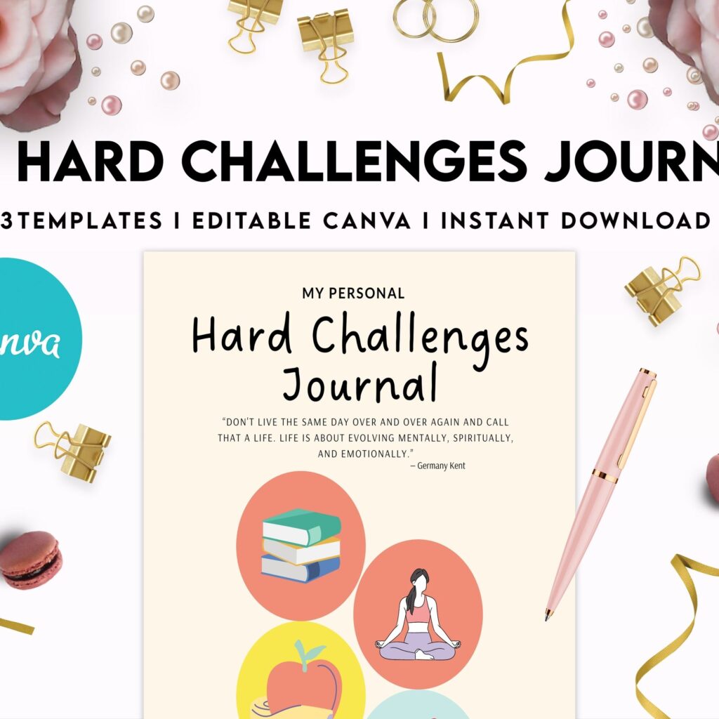 52 hard challenges, Daily chanllenges, diet, fitness, food, health, progress tracker, self care challenges, happiness, workout , Canva Editable Templates, interior challenge calendar