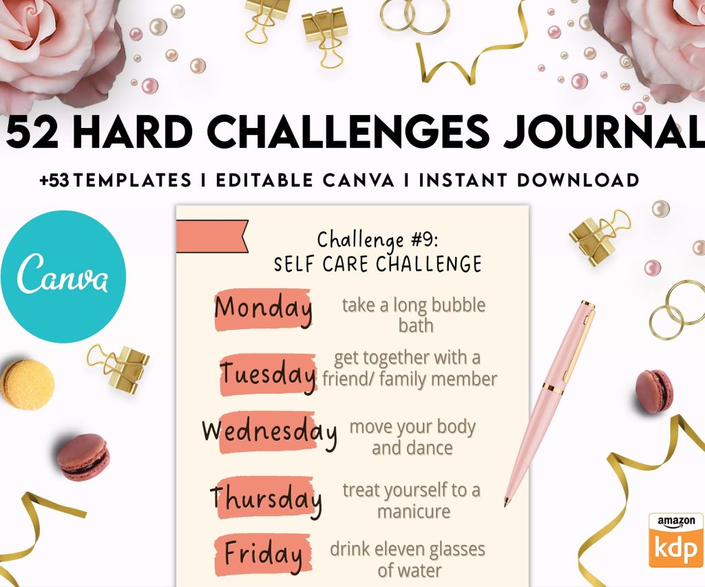 52 hard challenges, Daily chanllenges, diet, fitness, food, health, progress tracker, self care challenges, happiness, workout , Canva Editable Templates, interior challenge calendar