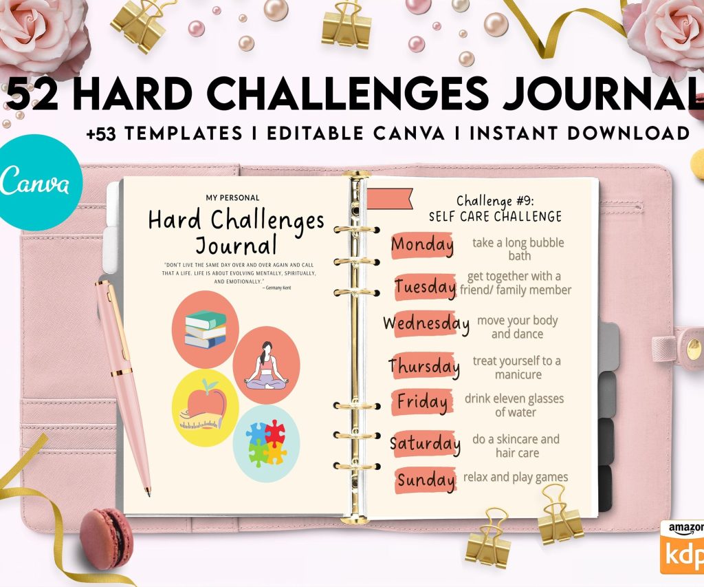 52 hard challenges, Daily chanllenges, diet, fitness, food, health, progress tracker, self care challenges, happiness, workout , Canva Editable Templates, interior challenge calendar