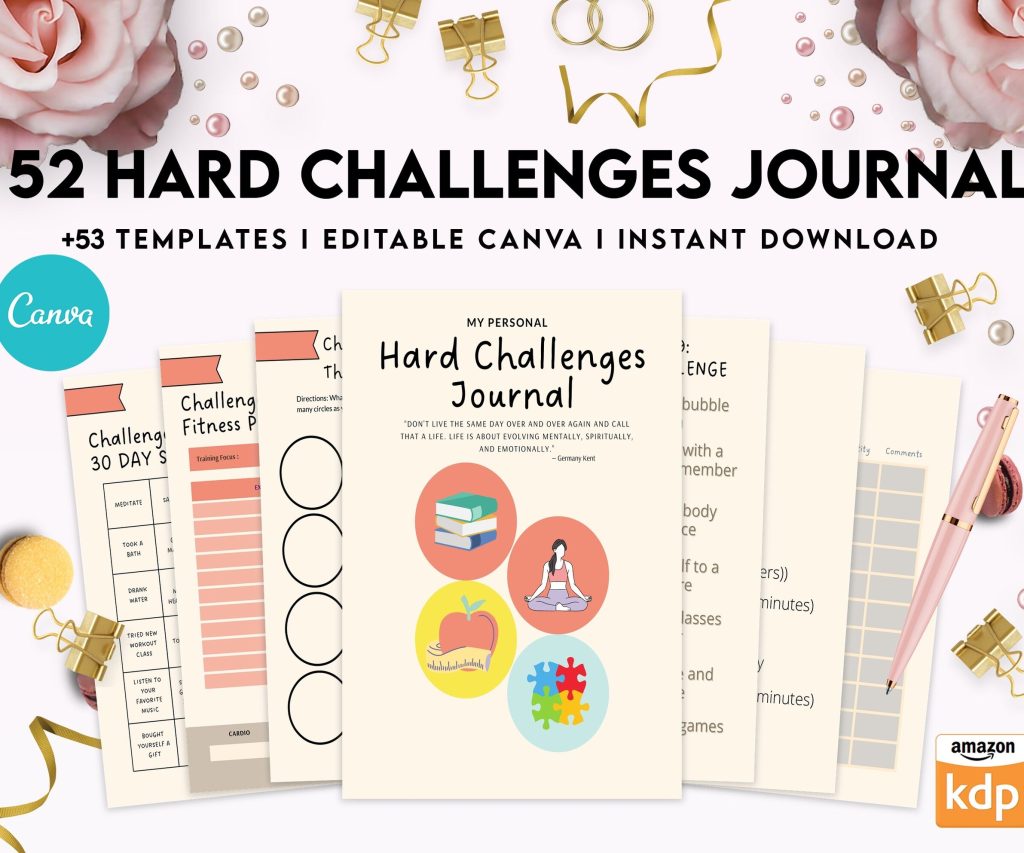 52 hard challenges, Daily chanllenges, diet, fitness, food, health, progress tracker, self care challenges, happiness, workout , Canva Editable Templates, interior challenge calendar