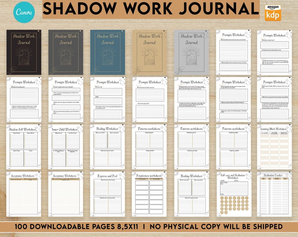 Shadow Work Journal Shadow work guided journal With Prompts 100 Editable Templates, 8.5×11″ Canva Planner editable interiors Bundle COMMERCIAL Use guided journal