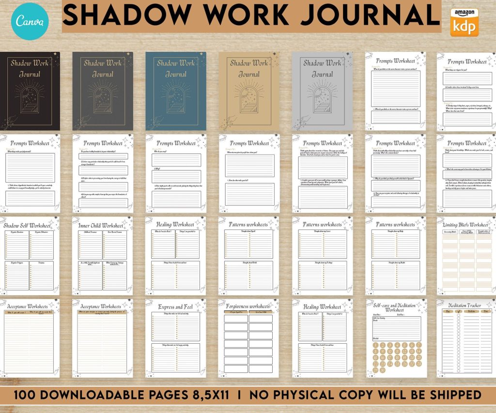 Shadow Work Journal Shadow work guided journal With Prompts 100 Editable Templates, 8.5×11″ Canva Planner editable interiors Bundle COMMERCIAL Use guided journal