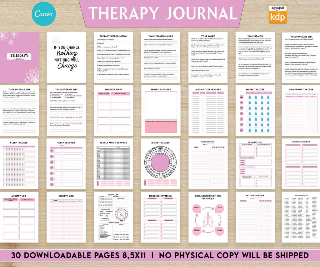 Therapy Journal with questions workbook 8.5×11″ Canva Editable 30 Templates, Canva editable interior, digital and printable.Mental anxiety_journal