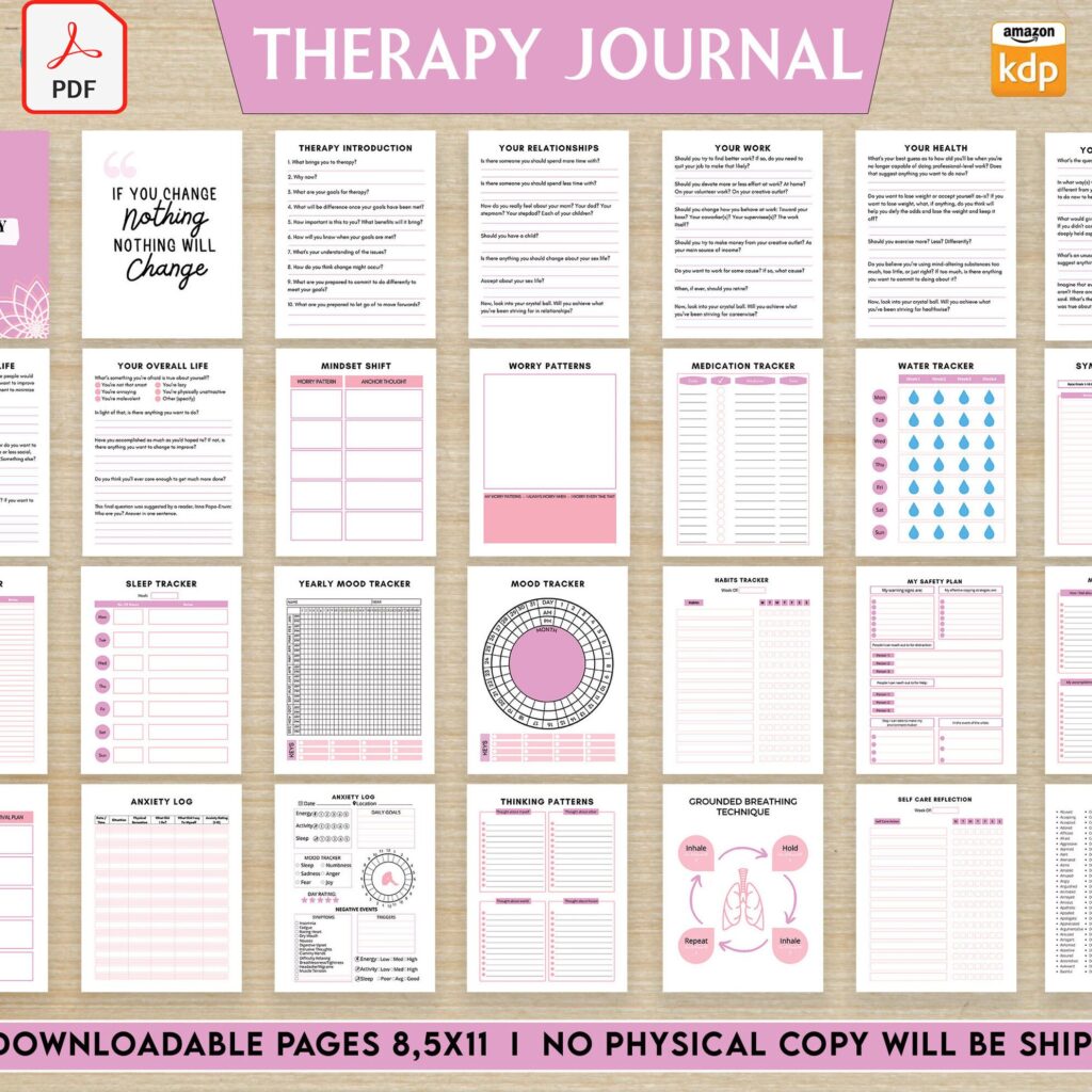 Therapy Journal with questions workbook 8.5×11" 30 Pages, Printable Worksheet, Mental health anxiety, Depression, self-care .. anxiety