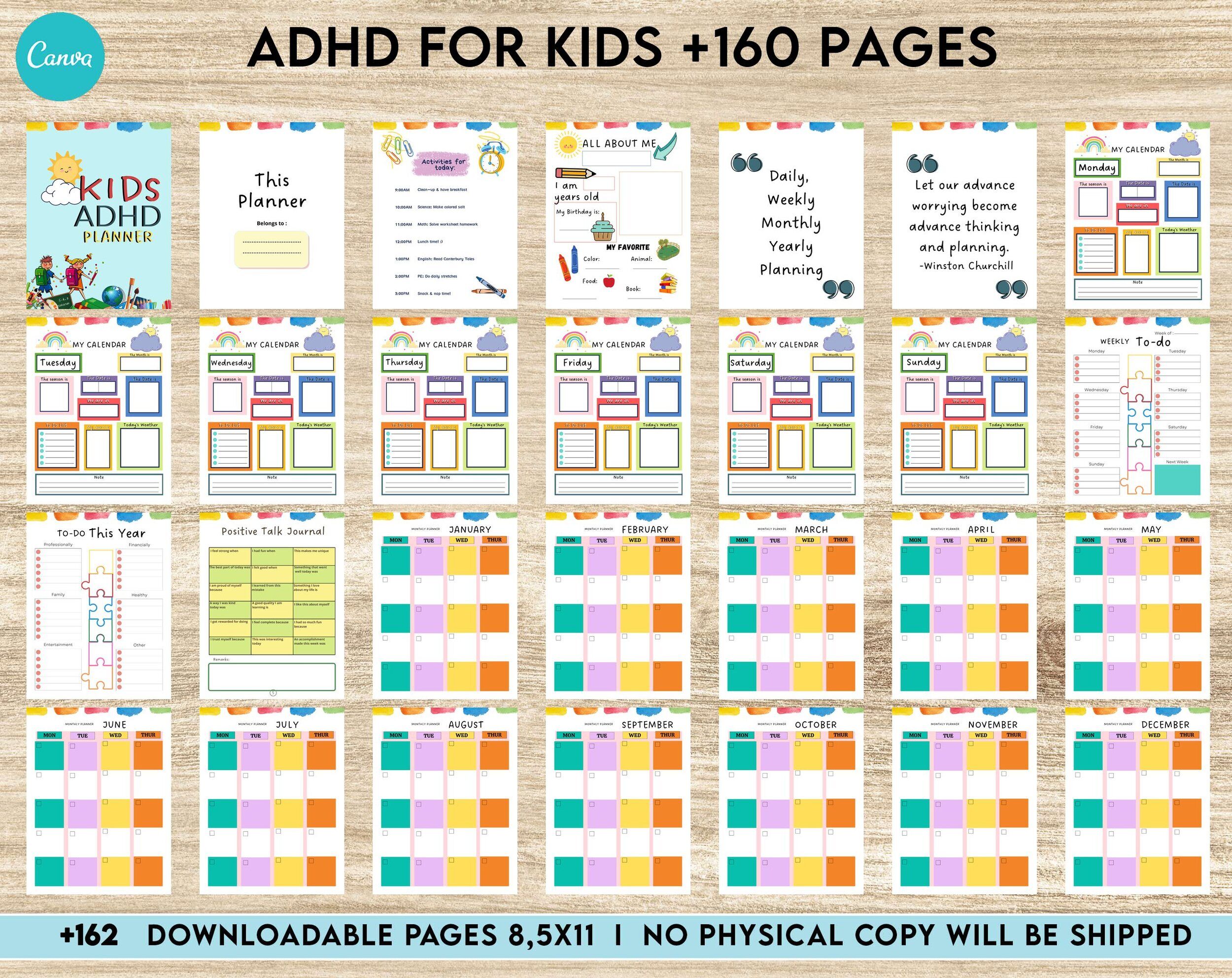 ADHD Planner For Kids , Editable Templates Kids ADHD Planner, Kids School Planner, ADHD Planner Sheets, Colorful Planner, Canva Editable Templates, interior adhd