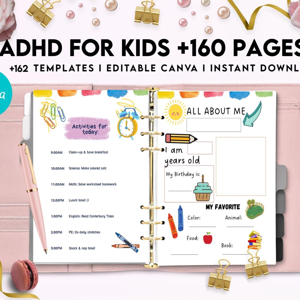 ADHD Planner For Kids , Editable Templates Kids ADHD Planner, Kids School Planner, ADHD Planner Sheets, Colorful Planner, Canva Editable Templates, interior adhd