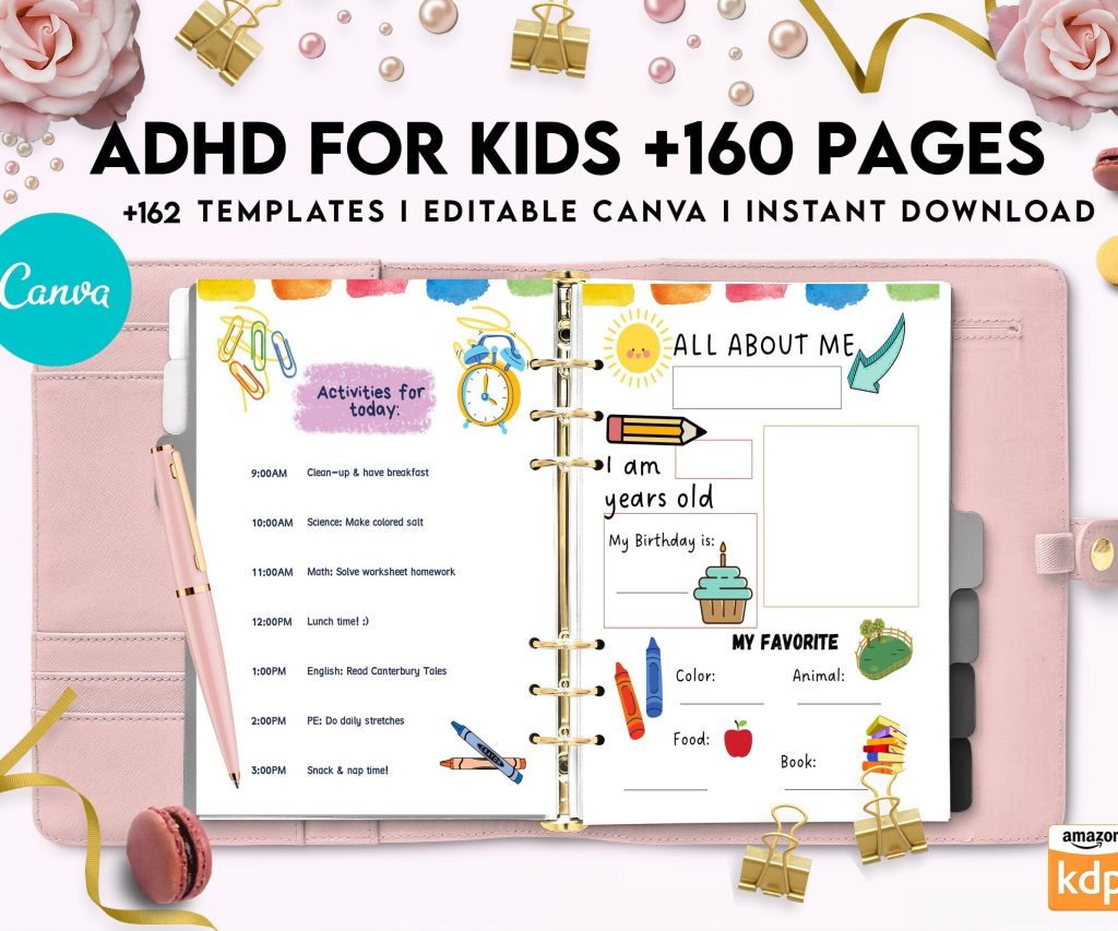 ADHD Planner For Kids , Editable Templates Kids ADHD Planner, Kids School Planner, ADHD Planner Sheets, Colorful Planner, Canva Editable Templates, interior adhd
