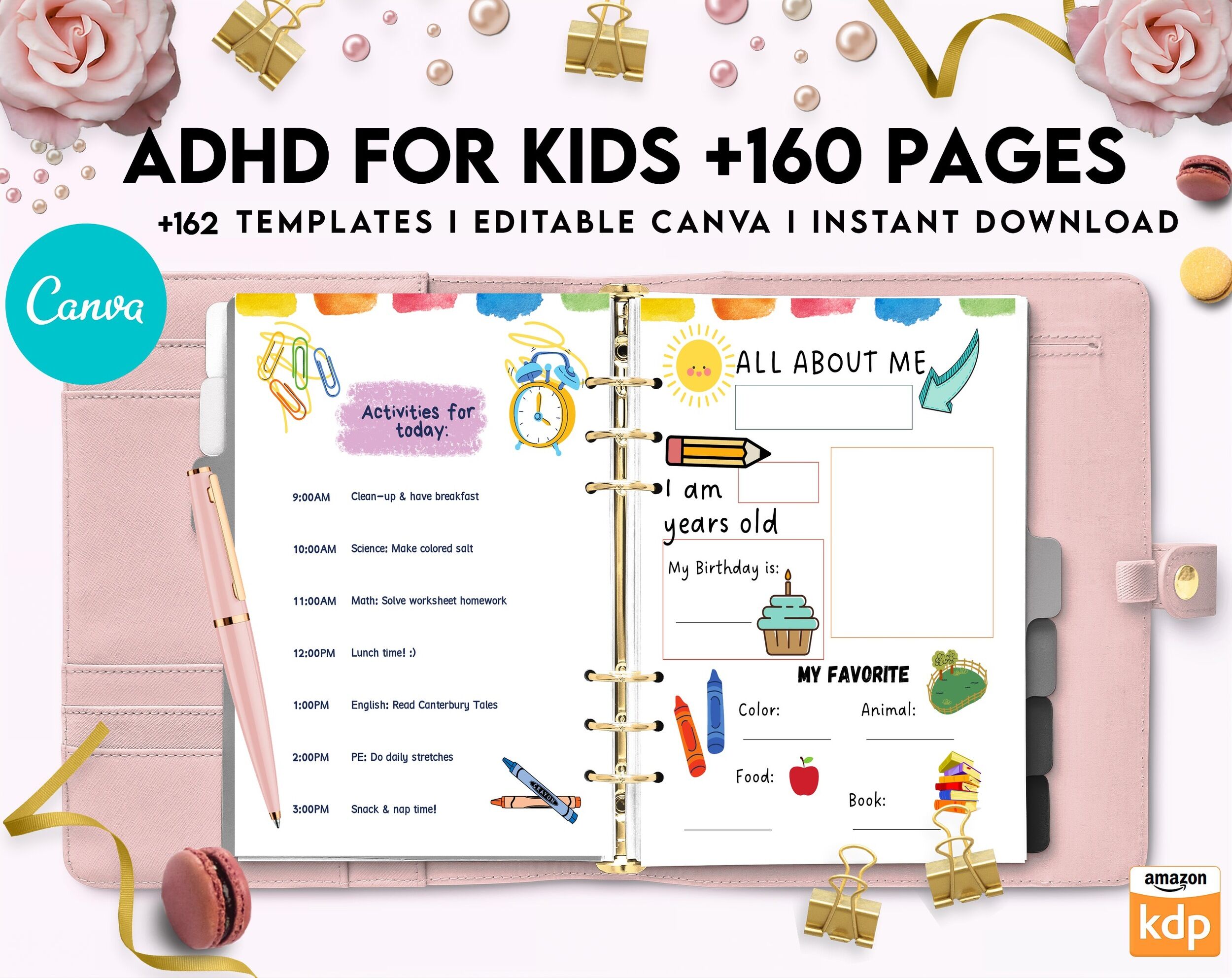 ADHD Planner For Kids , Editable Templates Kids ADHD Planner, Kids School Planner, ADHD Planner Sheets, Colorful Planner, Canva Editable Templates, interior adhd