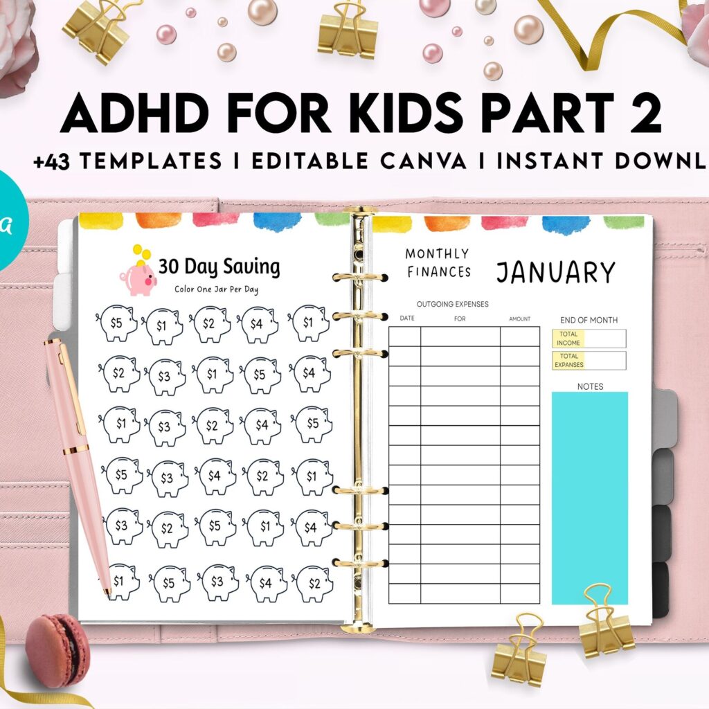 ADHD Planner For Kids , Editable Templates Kids ADHD Planner, Kids School Planner, ADHD Planner Sheets, Colorful Planner, Canva Editable Templates, interior adhd