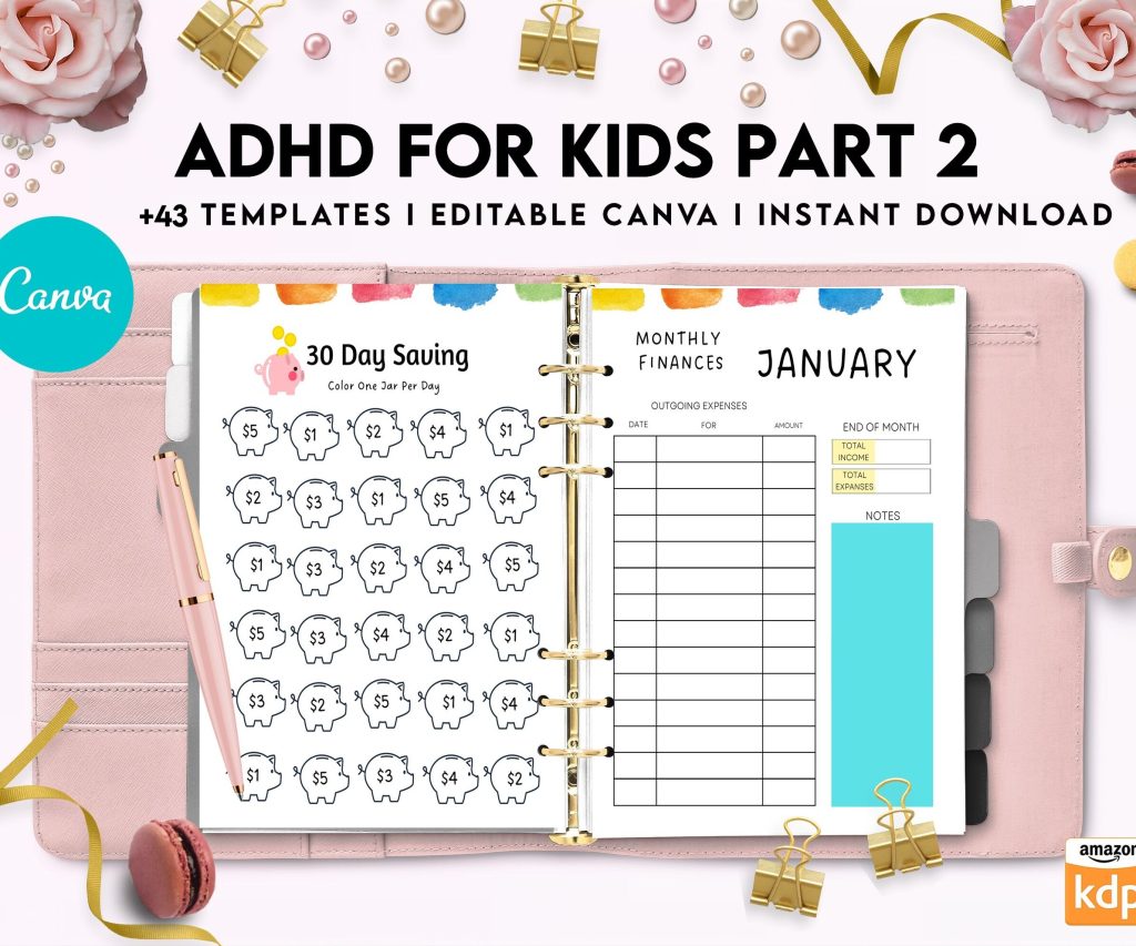 ADHD Planner For Kids , Editable Templates Kids ADHD Planner, Kids School Planner, ADHD Planner Sheets, Colorful Planner, Canva Editable Templates, interior adhd