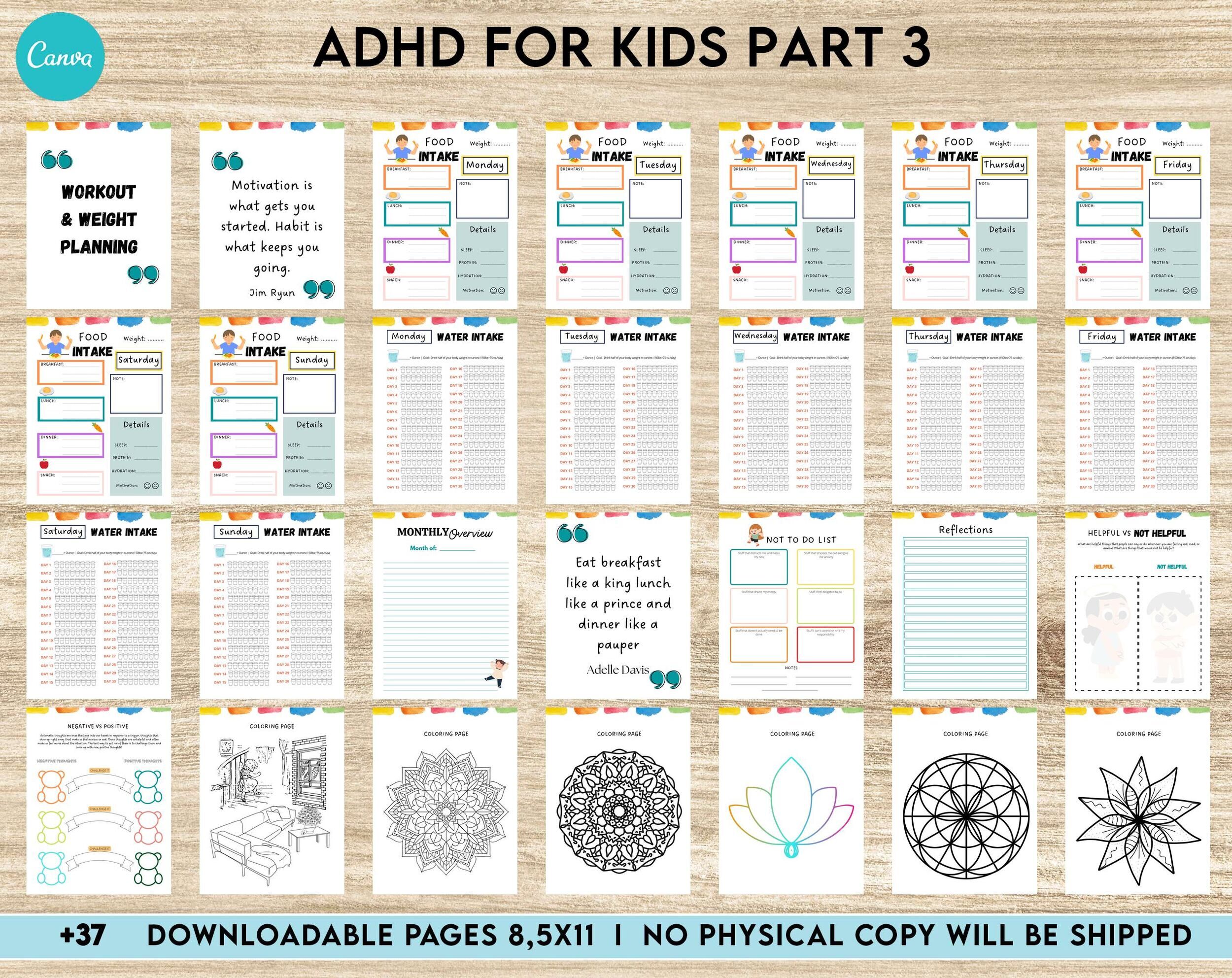 ADHD Planner For Kids , Editable Templates Kids ADHD Planner, Kids School Planner, ADHD Planner Sheets, Colorful Planner, Canva Editable Templates, interior adhd