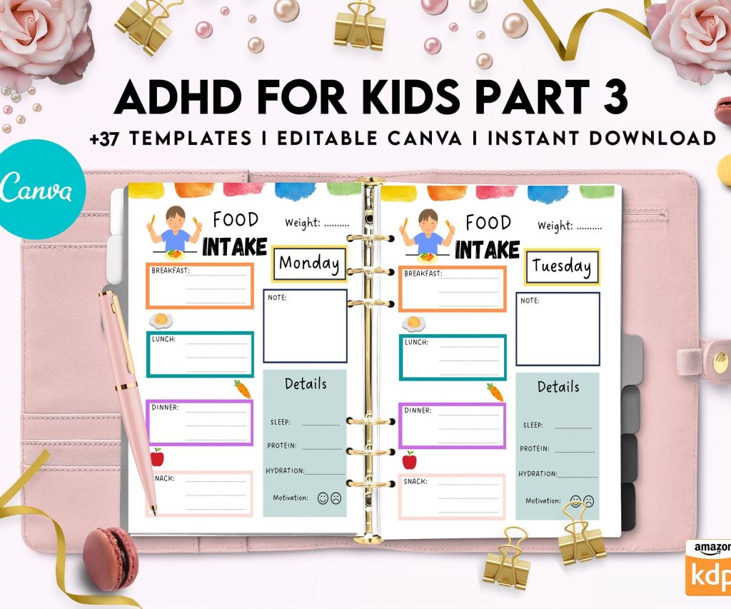 ADHD Planner For Kids , Editable Templates Kids ADHD Planner, Kids School Planner, ADHD Planner Sheets, Colorful Planner, Canva Editable Templates, interior adhd