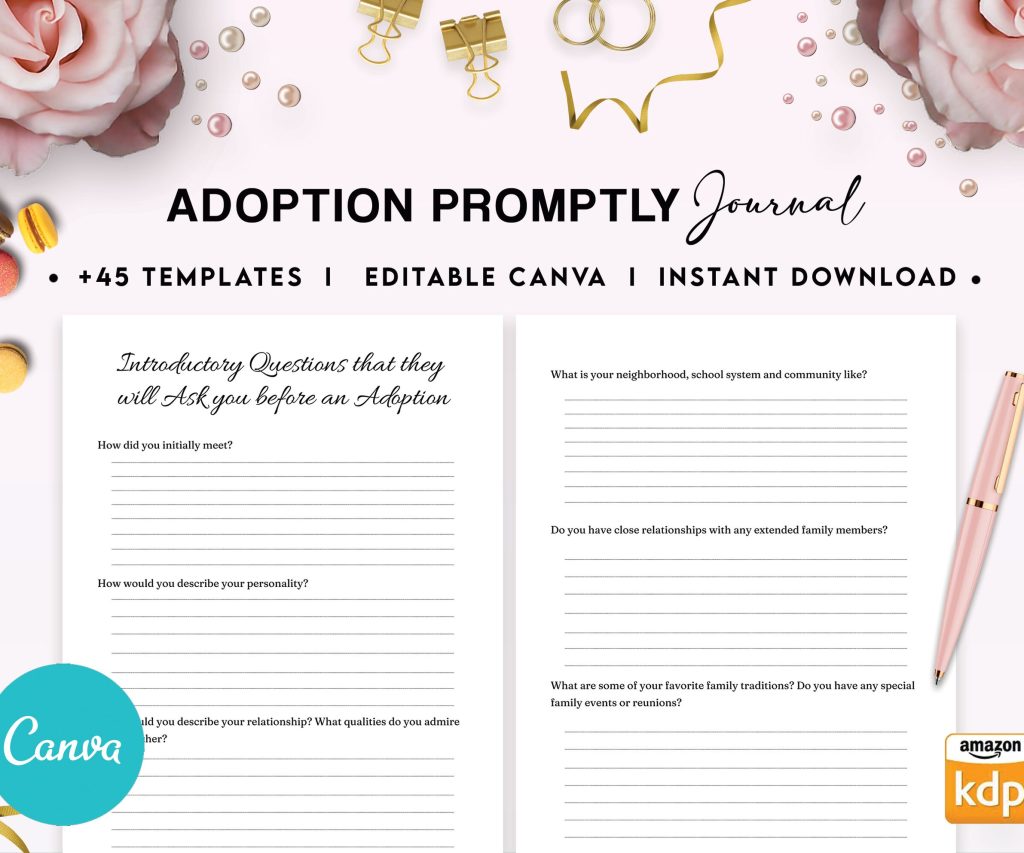 Adoption Promptly Journal 46 Editable Templates, 8.5×11″ Canva Planner editable interior COMMERCIAL Use Adoption Promptly Journal