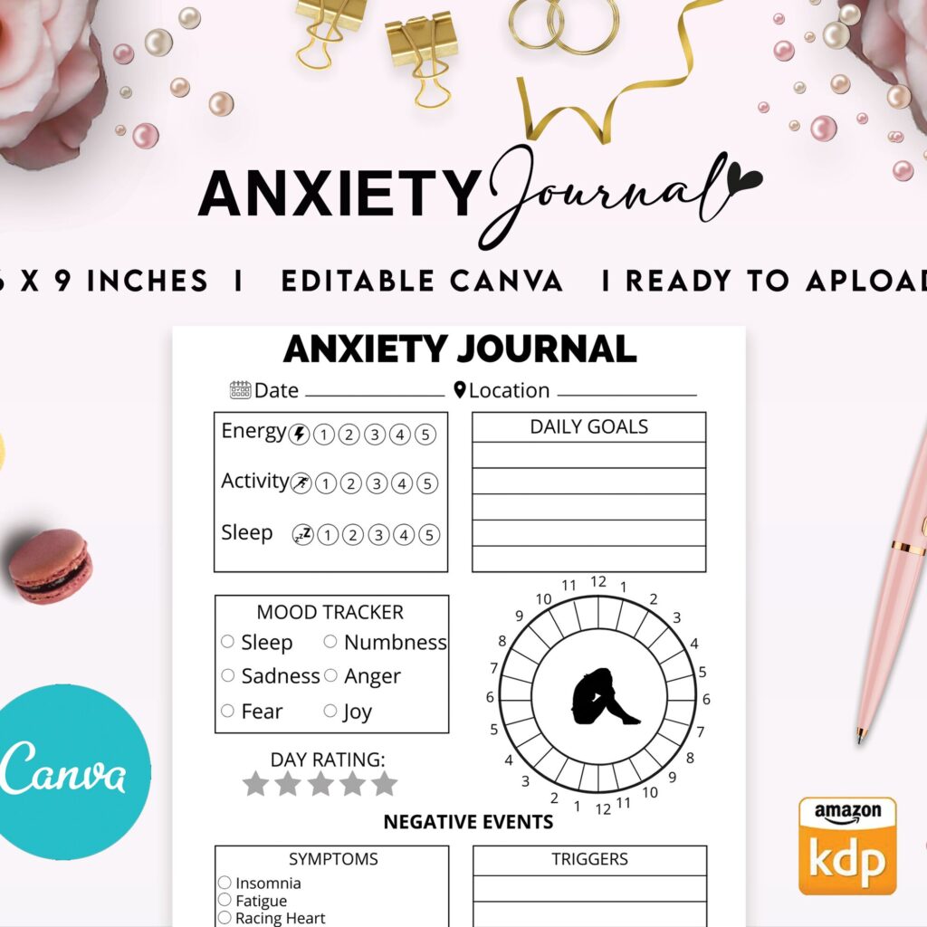 Anxiety Journal Prompts 6×9″ Canva Editable Template, Canva editable interior for men women, digital and printable anxiety__logbook