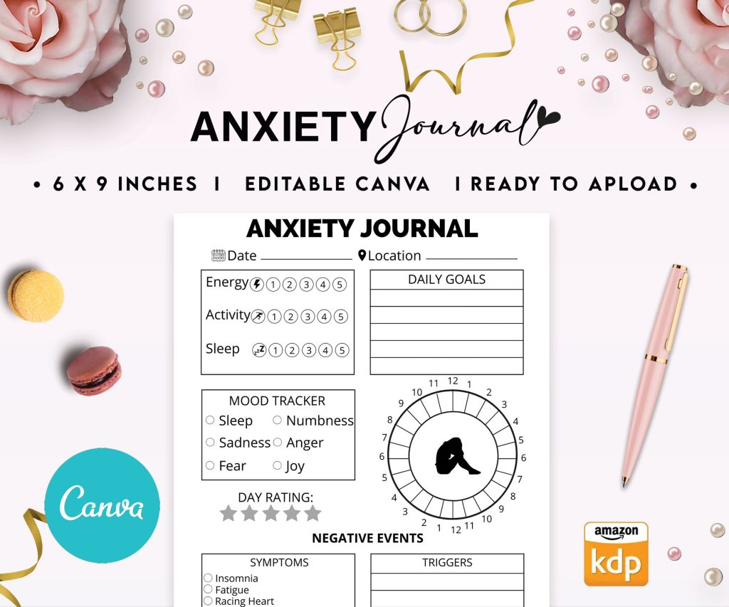 Anxiety Journal Prompts 6×9″ Canva Editable Template, Canva editable interior for men women, digital and printable anxiety__logbook