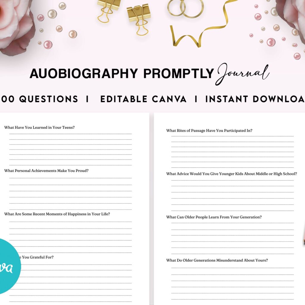 Autobiography Promptly Journal 100 Editable Templates, 8.5×11″ Canva Planner editable interior COMMERCIAL Use Autobiography Journal