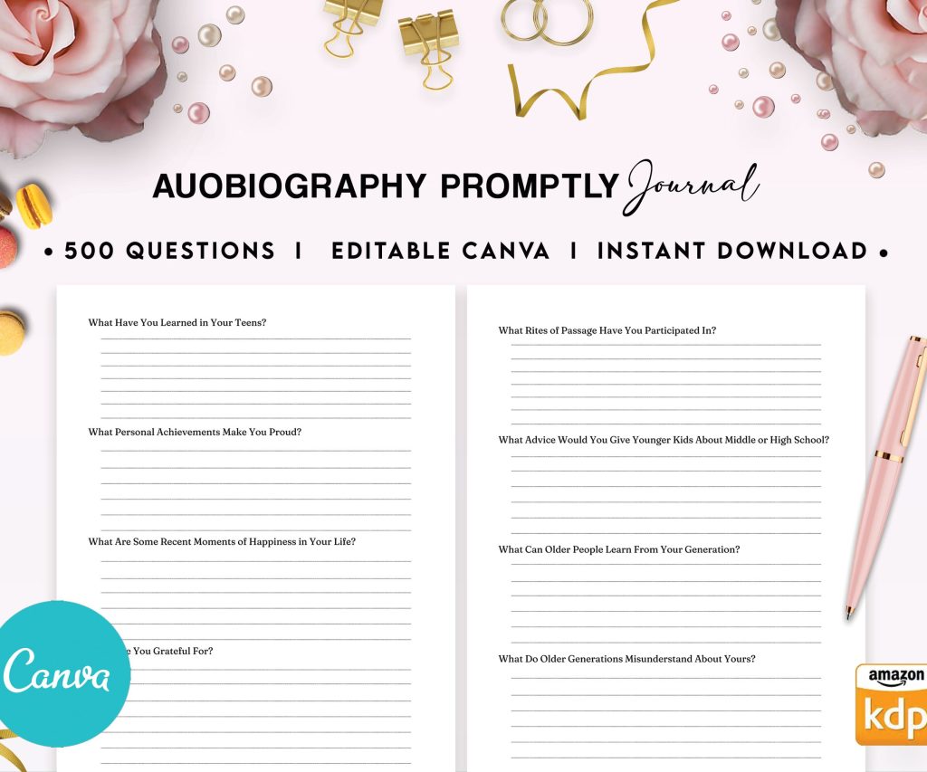 Autobiography Promptly Journal 100 Editable Templates, 8.5×11″ Canva Planner editable interior COMMERCIAL Use Autobiography Journal