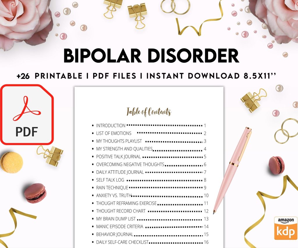 Bipolar Disorder Therapy Journal: Mental Health, Depression, Anxiety, Mood Swings, Manic, Depressive, PDF Printable, 8,5×11″ A4 size addiction