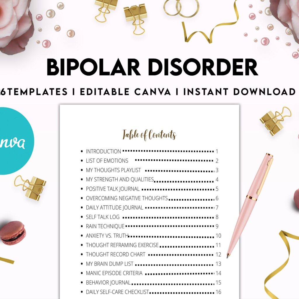 Bipolar Disorder Therapy Journal: Mental Health, Depression, Anxiety, Mood Swings, Manic, Depressive, Canva Editable Templates, interior addiction