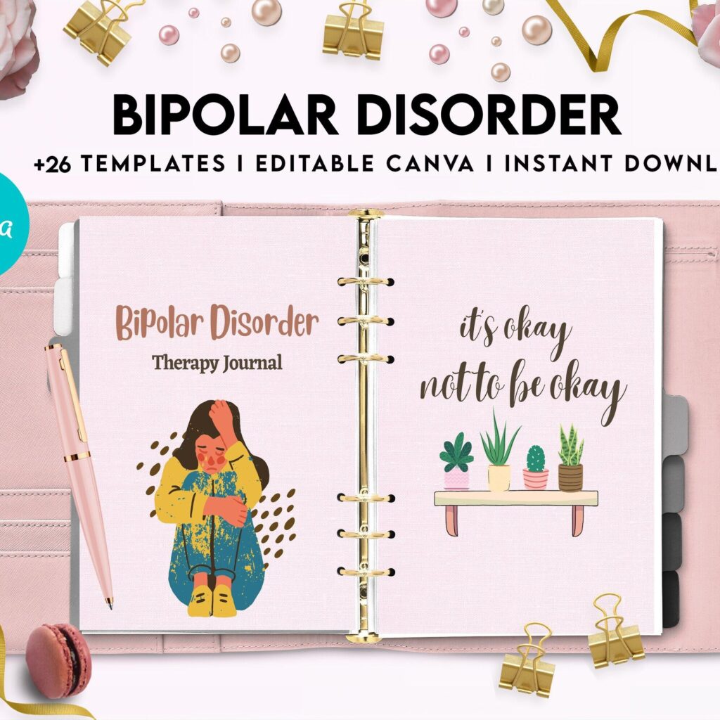 Bipolar Disorder Therapy Journal: Mental Health, Depression, Anxiety, Mood Swings, Manic, Depressive, Canva Editable Templates, interior addiction