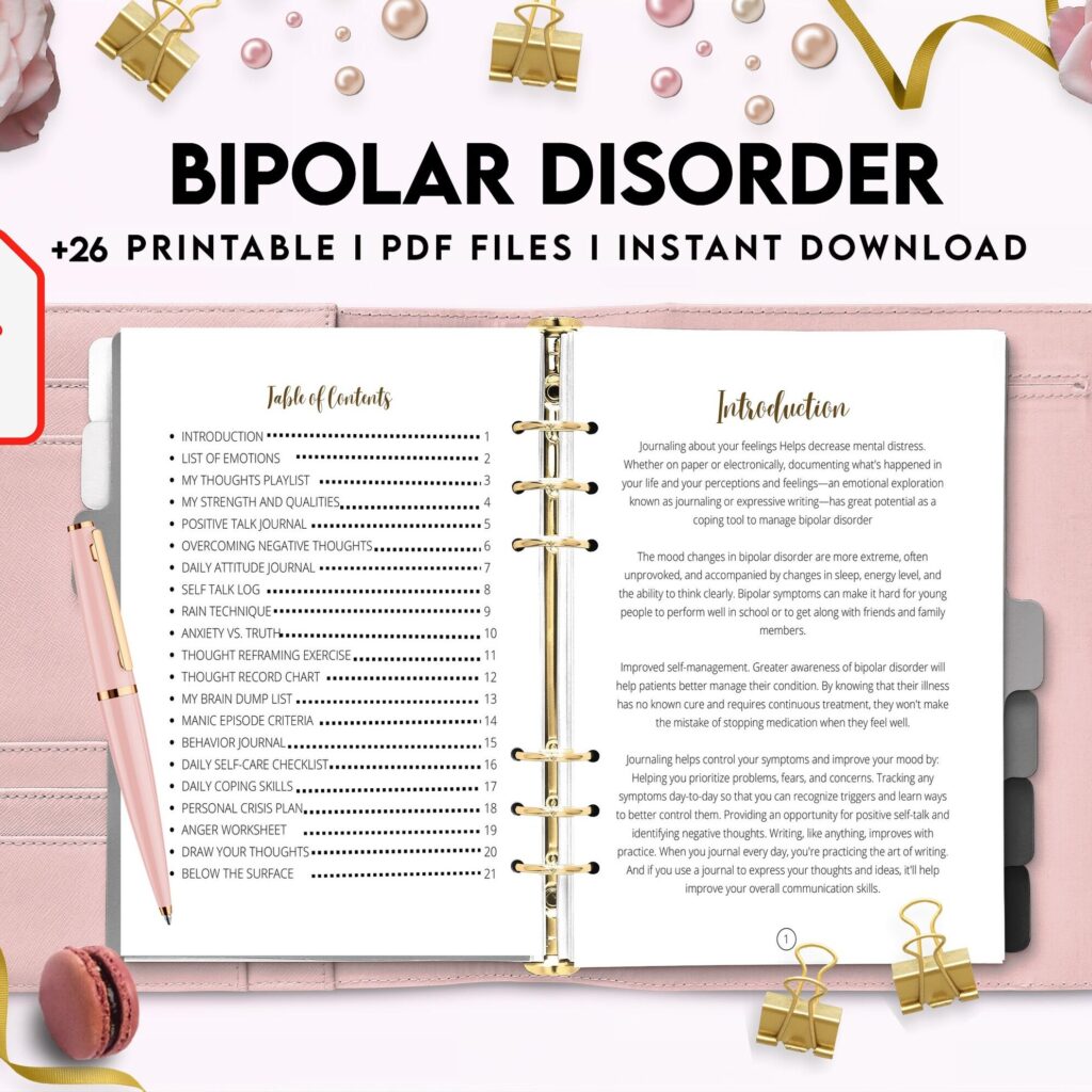 Bipolar Disorder Therapy Journal: Mental Health, Depression, Anxiety, Mood Swings, Manic, Depressive, PDF Printable, 8,5×11″ A4 size addiction