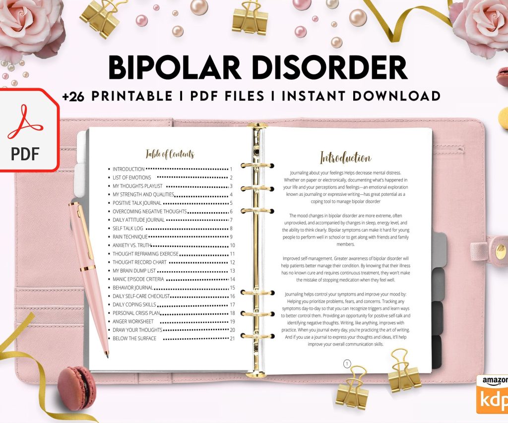 Bipolar Disorder Therapy Journal: Mental Health, Depression, Anxiety, Mood Swings, Manic, Depressive, PDF Printable, 8,5×11″ A4 size addiction