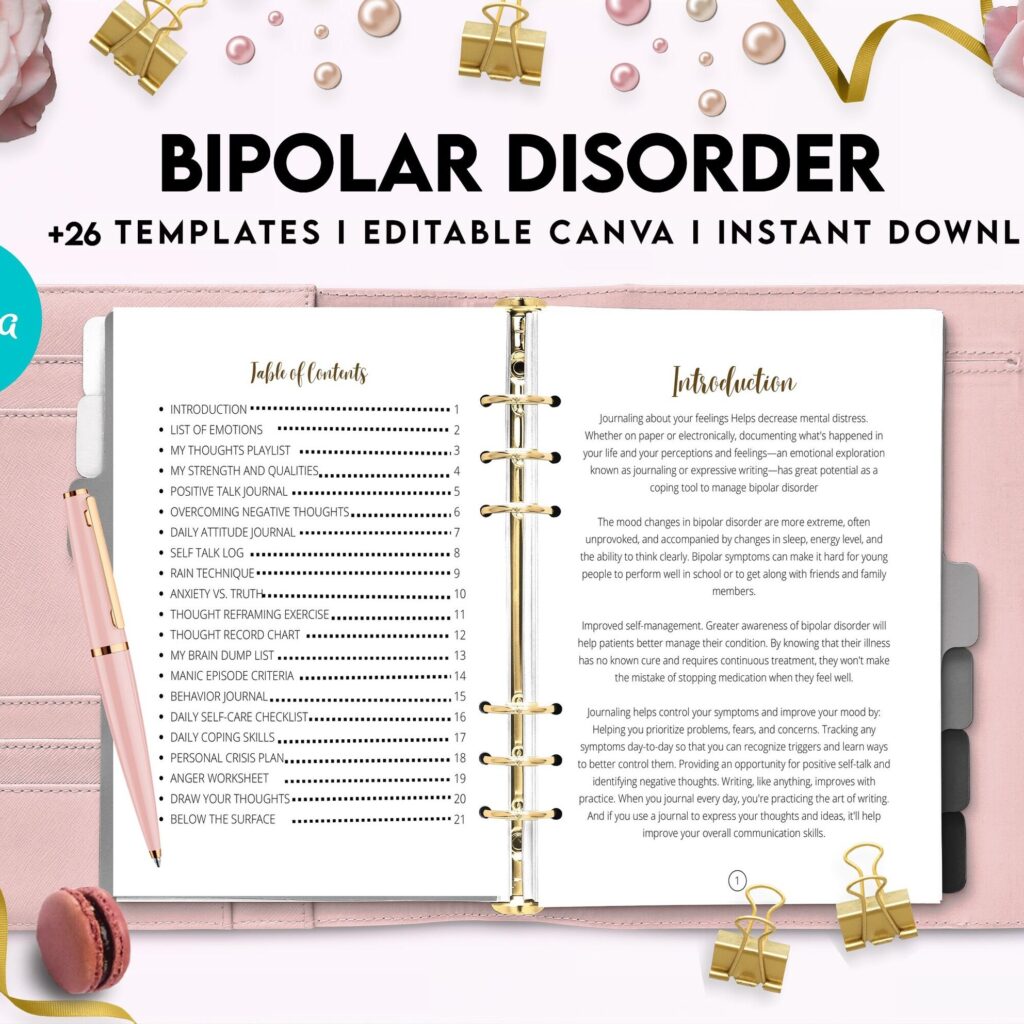 Bipolar Disorder Therapy Journal: Mental Health, Depression, Anxiety, Mood Swings, Manic, Depressive, Canva Editable Templates, interior addiction