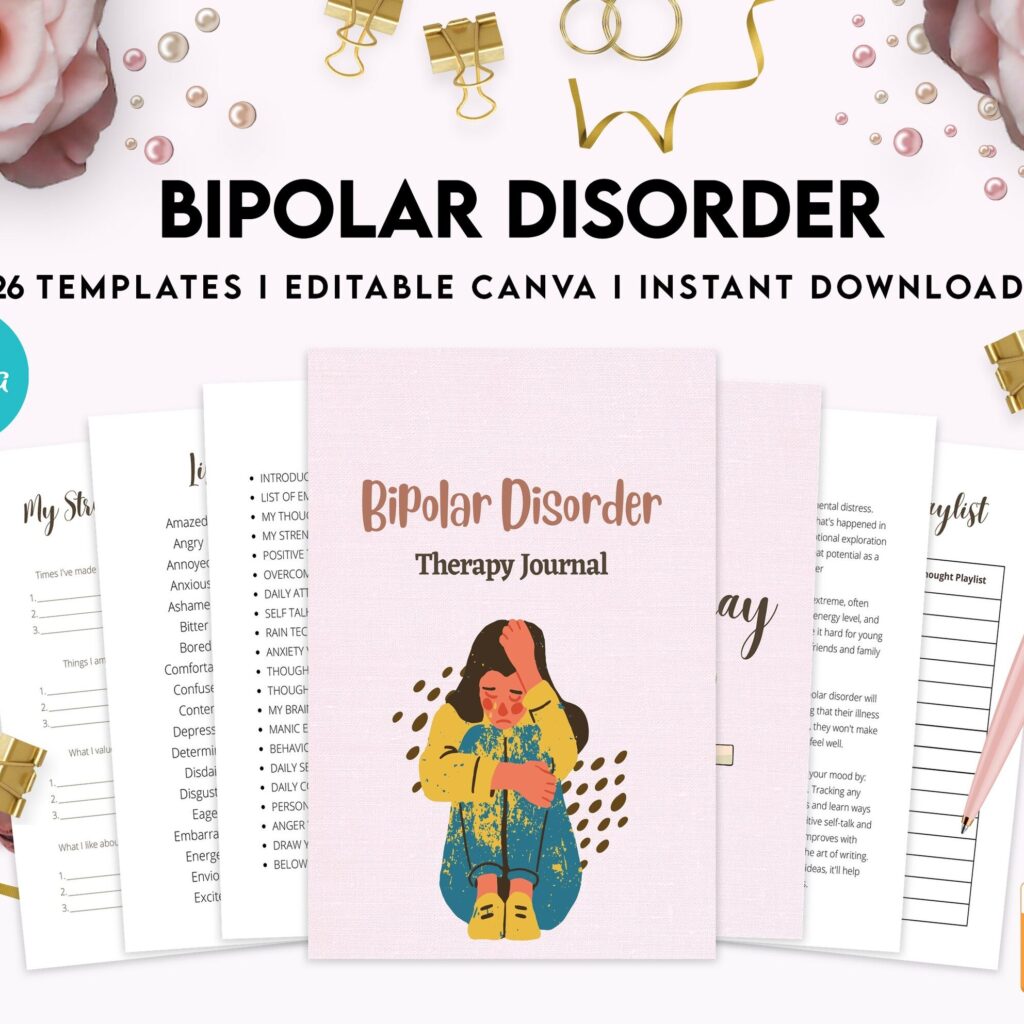 Bipolar Disorder Therapy Journal: Mental Health, Depression, Anxiety, Mood Swings, Manic, Depressive, Canva Editable Templates, interior addiction