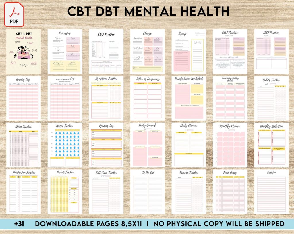 CBT + DBT Mental Health Journal & Worksheets, Situation Processing & Coping, CBT DBT therapy, PDF Printable, 8,5×11″ A4 size anxiety