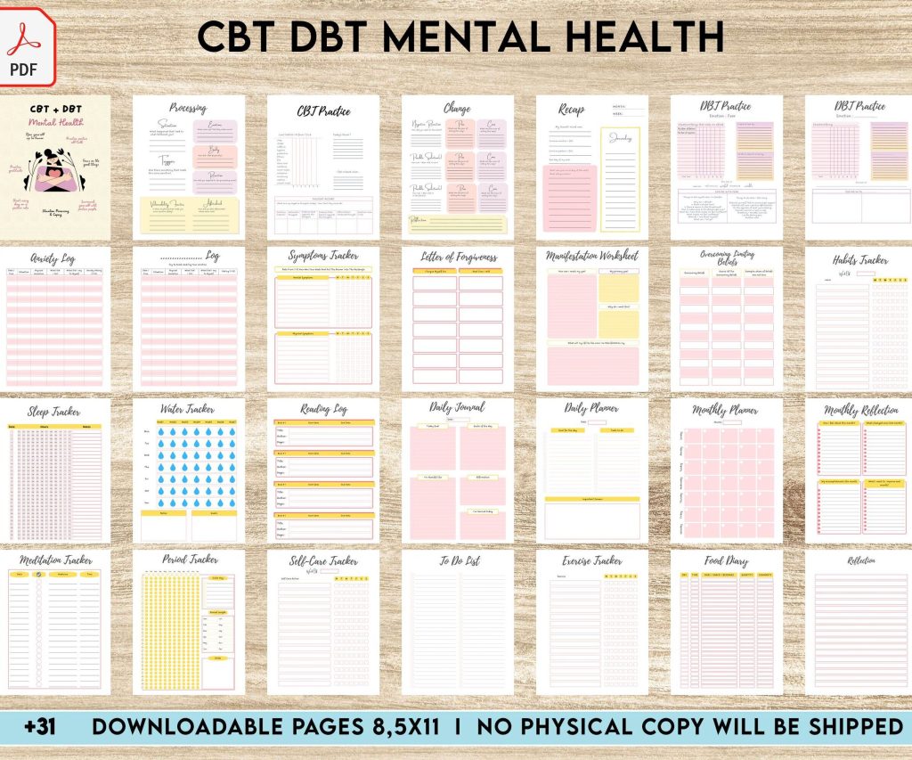CBT + DBT Mental Health Journal & Worksheets, Situation Processing & Coping, CBT DBT therapy, PDF Printable, 8,5×11″ A4 size anxiety