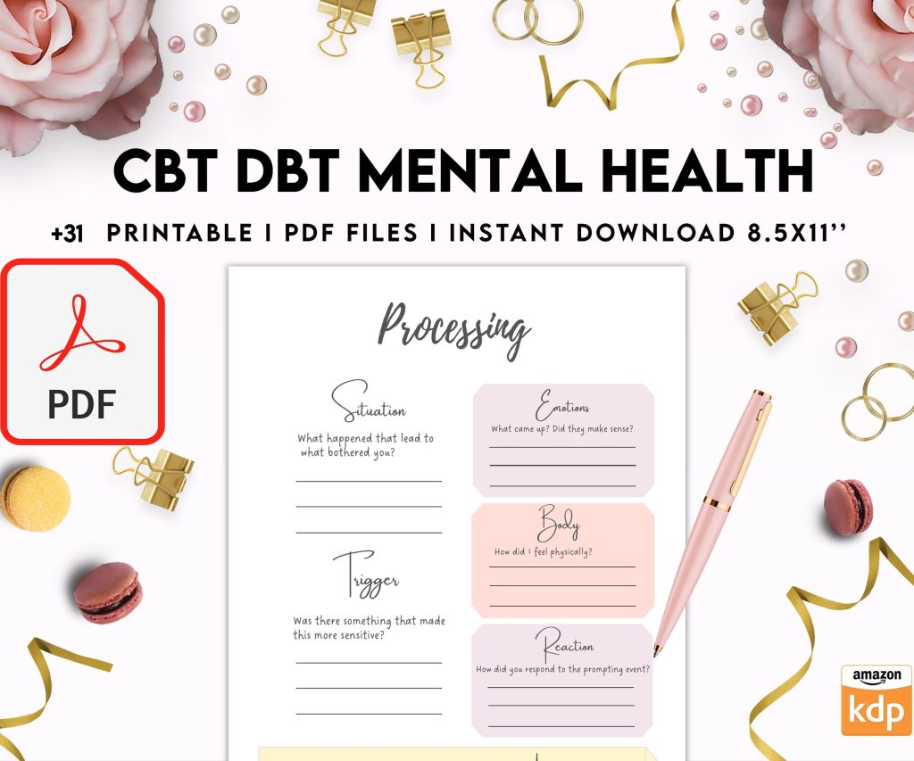 CBT + DBT Mental Health Journal & Worksheets, Situation Processing & Coping, CBT DBT therapy, PDF Printable, 8,5×11″ A4 size anxiety