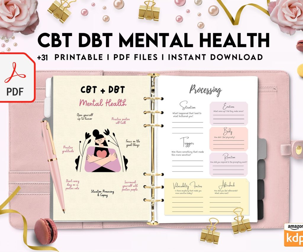CBT + DBT Mental Health Journal & Worksheets, Situation Processing & Coping, CBT DBT therapy, PDF Printable, 8,5×11″ A4 size anxiety