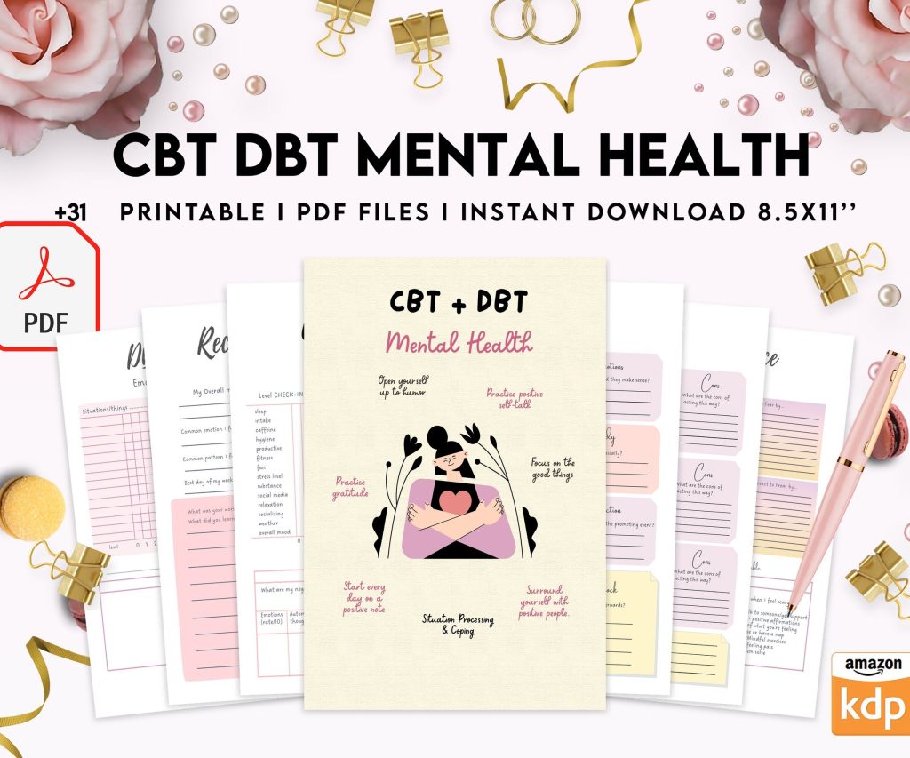 CBT + DBT Mental Health Journal & Worksheets, Situation Processing & Coping, CBT DBT therapy, PDF Printable, 8,5×11″ A4 size anxiety