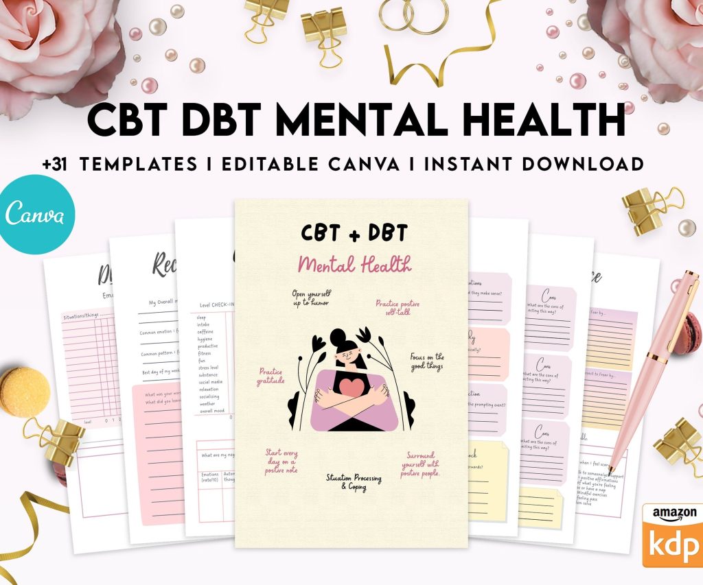 CBT+ DBT Mental Health Journaland Worksheets, Situation Processingand Coping, CBT DBT therapy, Canva Editable Templates, interior anxiety