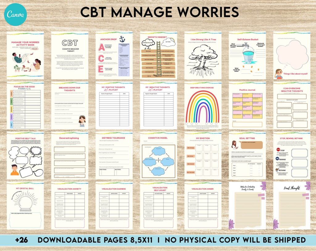 CBT Activities for Teens CBT activity book for Adults and kids age 12+, therapy worksheets, therapy tools, therapy resources, zones of regulation, anxiety, Canva Editable Templates, interior anxiety resources