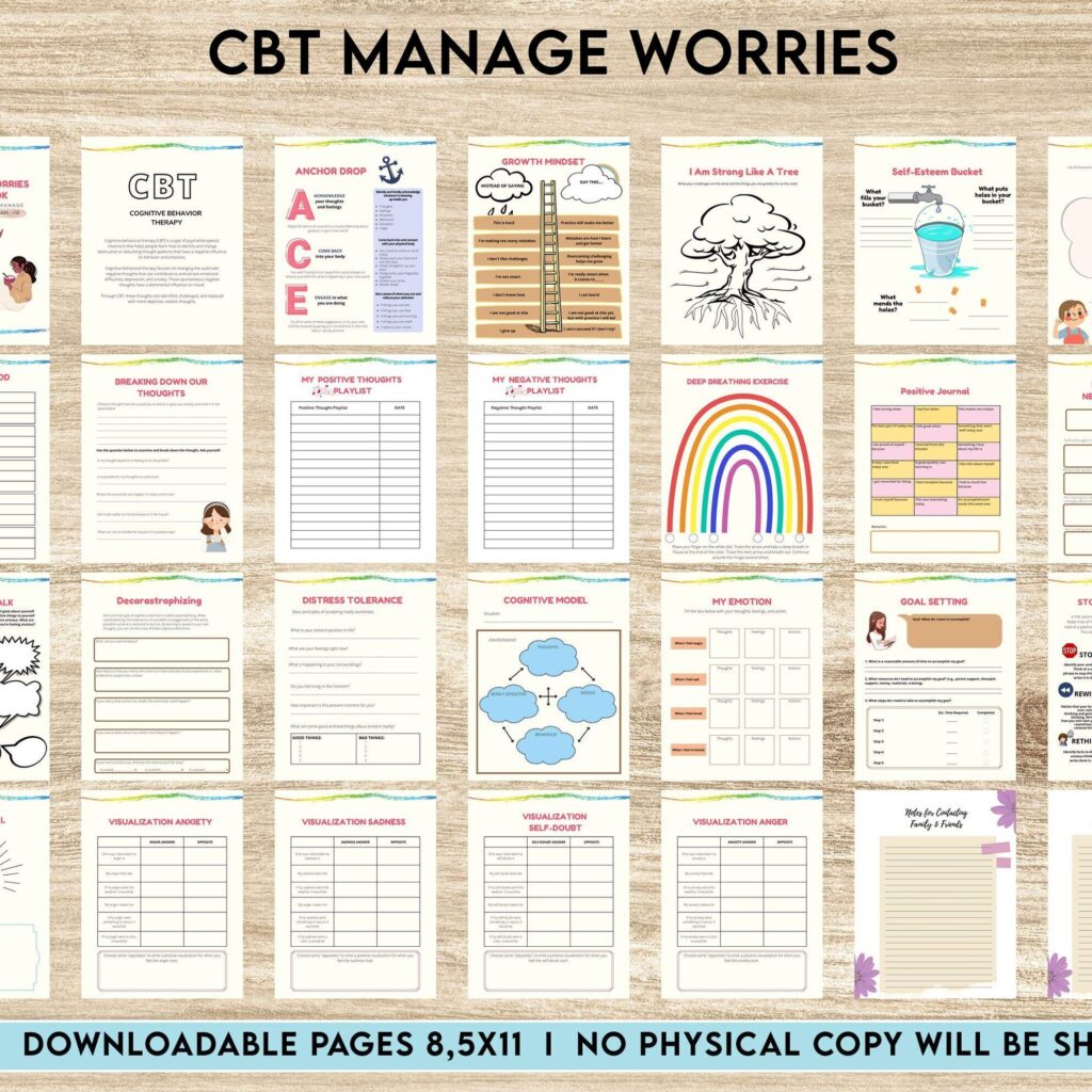 CBT Journal CBT activity book for Adults and kids age 12+, therapy worksheets, therapy tools, therapy resources, zones of regulation, anxiety, PDF Printable, 8,5×11″ A4 size anxiety resources