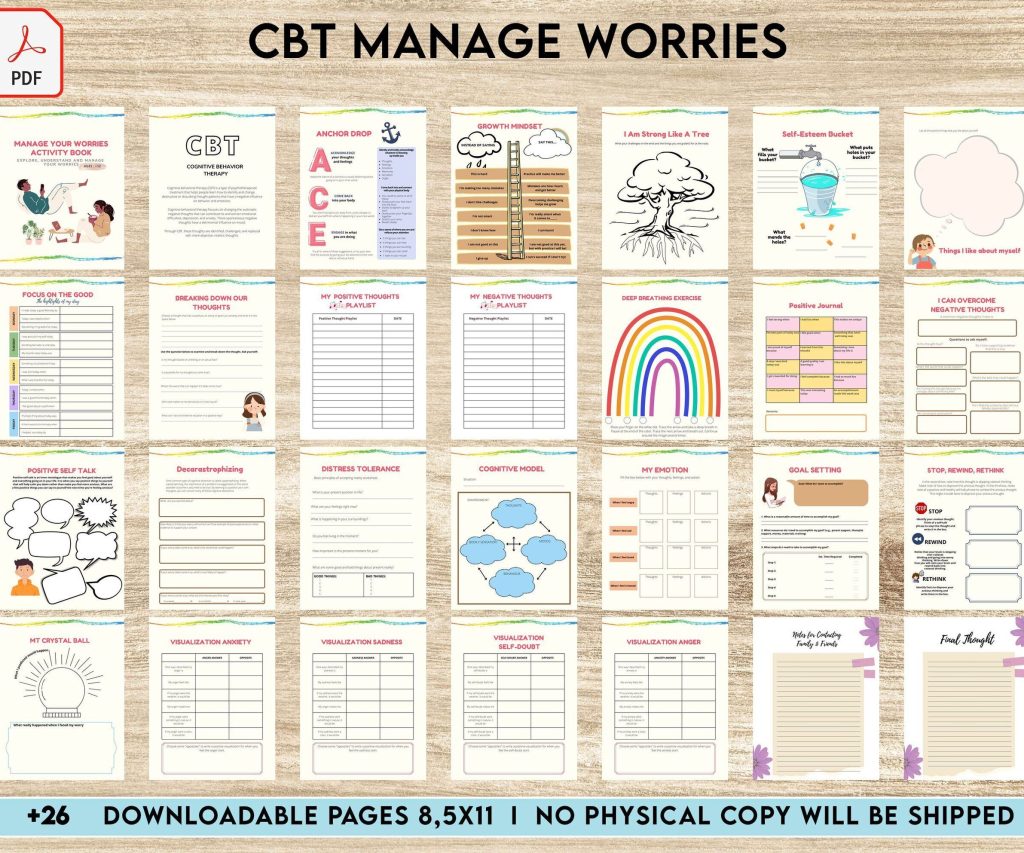 CBT Journal CBT activity book for Adults and kids age 12+, therapy worksheets, therapy tools, therapy resources, zones of regulation, anxiety, PDF Printable, 8,5×11″ A4 size anxiety resources