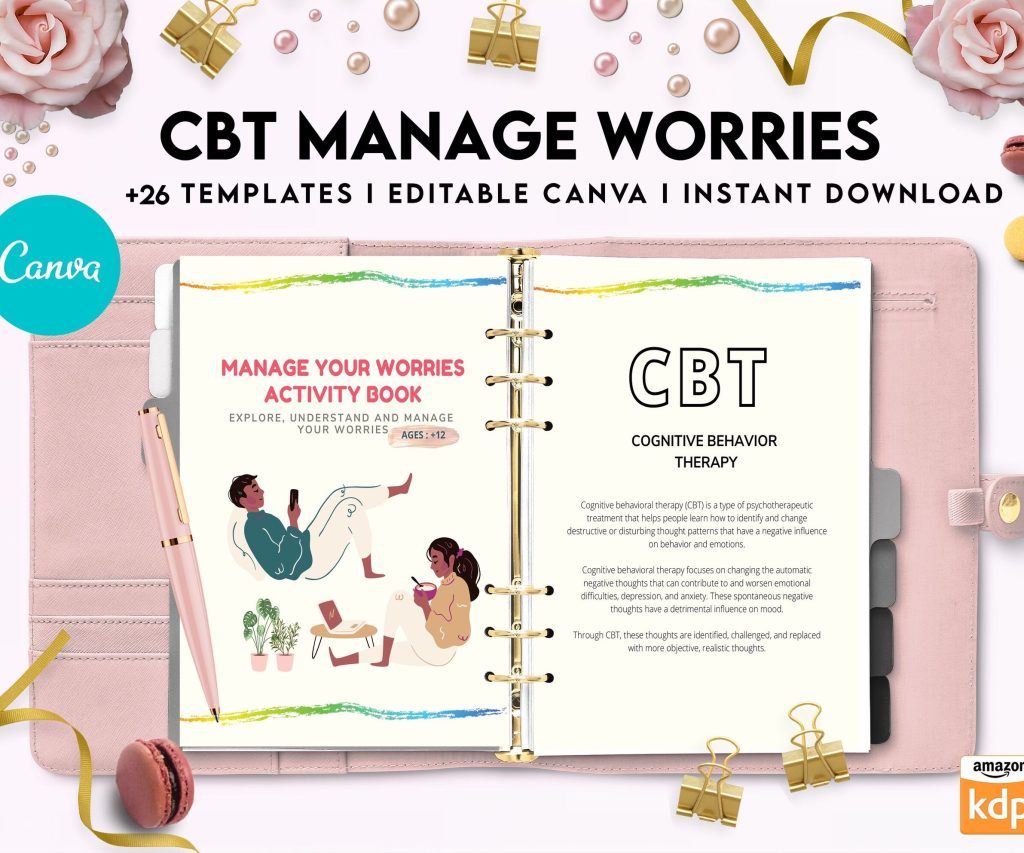 CBT activity book for Adults and kids age 12+, therapy worksheets, therapy tools, therapy resources, zones of regulation, anxiety, Canva Editable Templates, interior anxiety resources